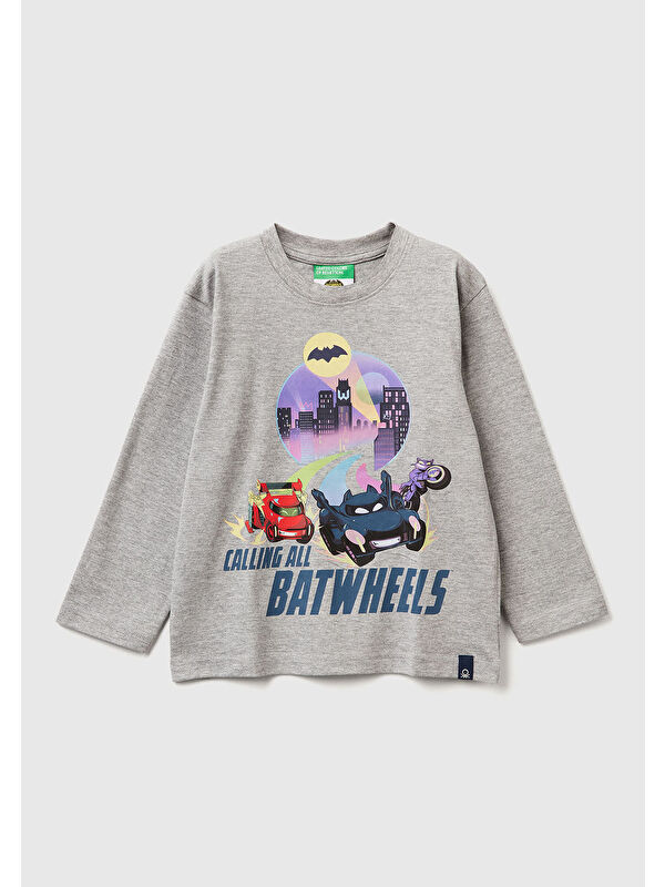 United Colors Of Benetton Erkek Çocuk Gri Melanj Önü ve Arkası Çok Renkli Batwheels Baskılı Logo Etiketli Jarse T-shirt