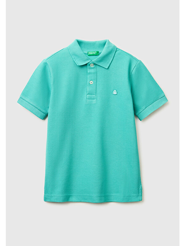 United Colors Of Benetton Erkek Çocuk Mavi-yeşil Logolu Pike Polo T-Shirt