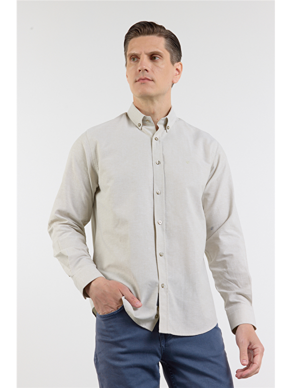 İMZA Su Yeşili Oxford Düğmeli Yaka Uzun Kol Cepsiz Slim Fit Pamuklu  Gömlek 1004260182