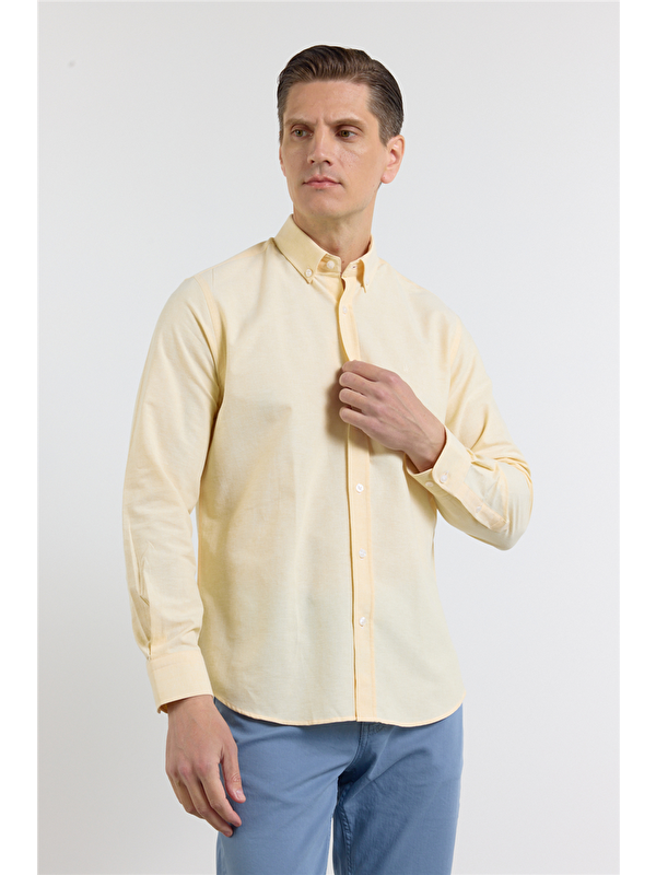 İMZA Sarı Oxford Düğmeli Yaka Uzun Kol Cepsiz Slim Fit Pamuklu  Gömlek 1004260182