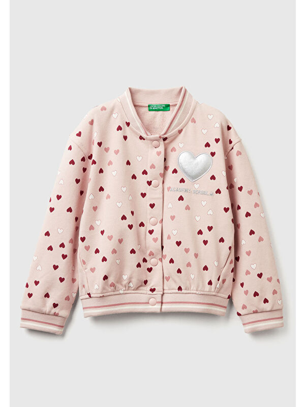United Colors Of Benetton Kız Çocuk Toz Pembe Desenli Önü Aplikeli Çizgi Detaylı  Bomber Ceket