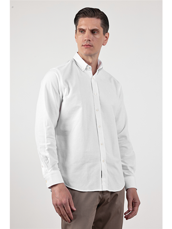 İMZA Beyaz Oxford Düğmeli Yaka Uzun Kol Cepsiz Slim Fit Pamuklu  Gömlek 1004260182
