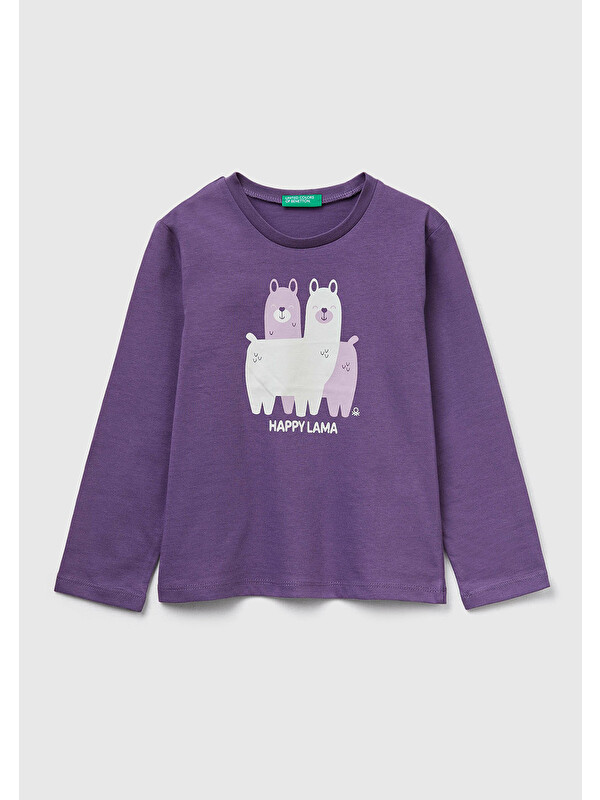 United Colors Of Benetton Kız Çocuk Mor Önü Baskılı Ribana Yakalı Regular Fit Sweatshirt