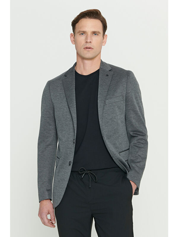 Altınyıldız Classics Erkek Antrasit 360 Her Yöne Esneyen Slim Fit Dar Kesim Mono Yaka Desenli Blazer Ceket