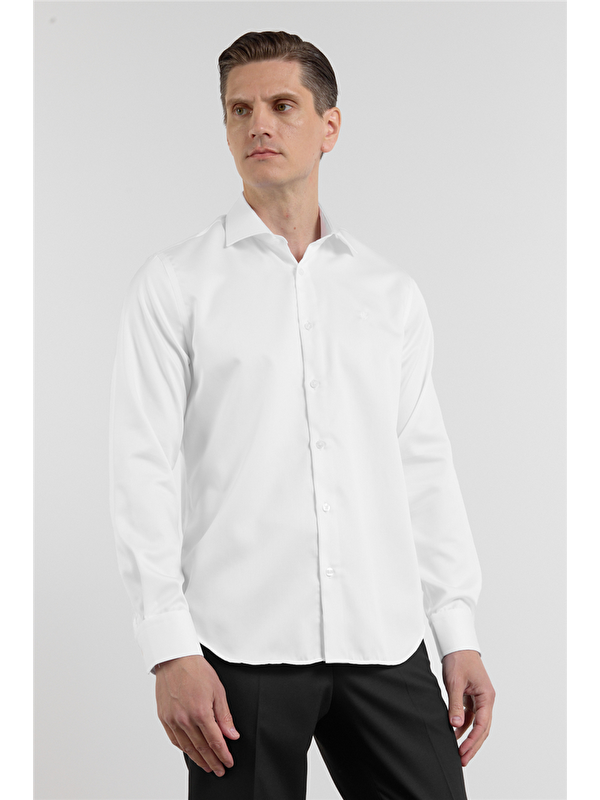 İMZA Beyaz Saten İtalyan Yaka Uzun Kol Cepsiz Slim Fit %100 Pamuk Gömlek 1004255231