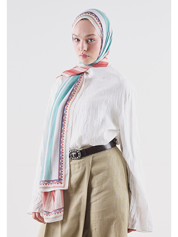 Fresh Scarfs Summer Blocks Desen Rami Viskon Şal Kırmızı-Yeşil