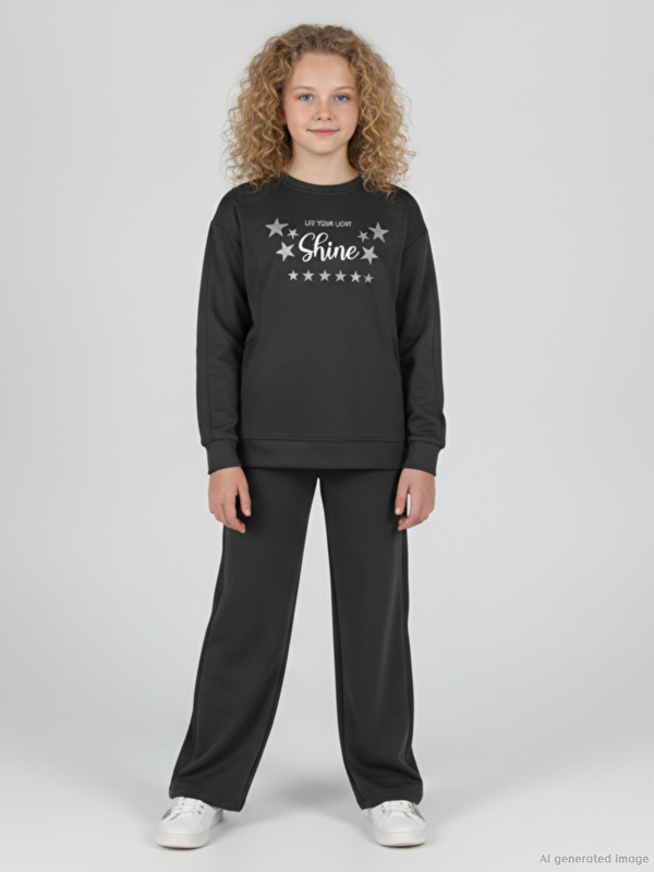 Alg Bisiklet Yaka Kız Çocuk Baskılı Sweatshirt ve Eşofman Alt 2'li Takım