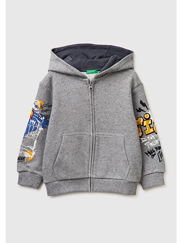 United Colors Of Benetton Erkek Çocuk Gri Mix Fermuarlı Kol Baskılı Kapüşonlu Sweatshirt