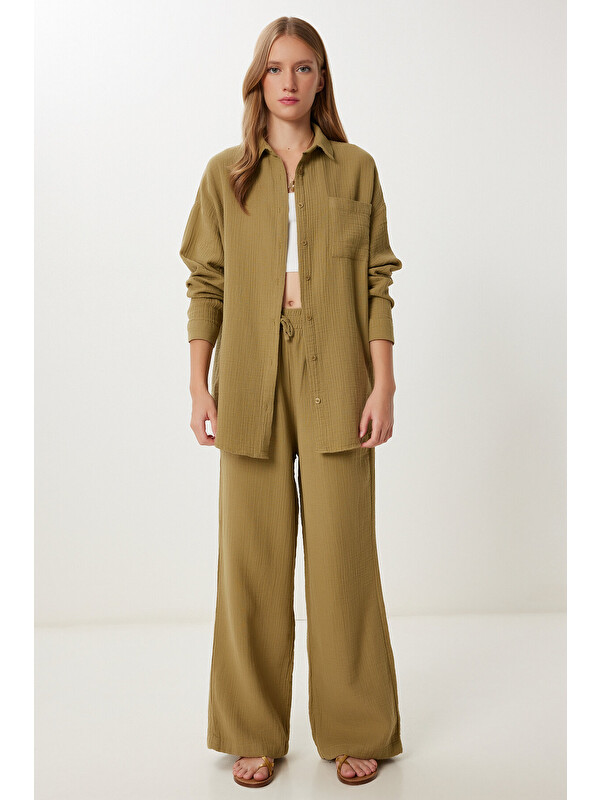 Happiness İstanbul Oversize Müslin Gömlek Pantolon Takım ZEYTİN YEŞİLİ LSA0014
