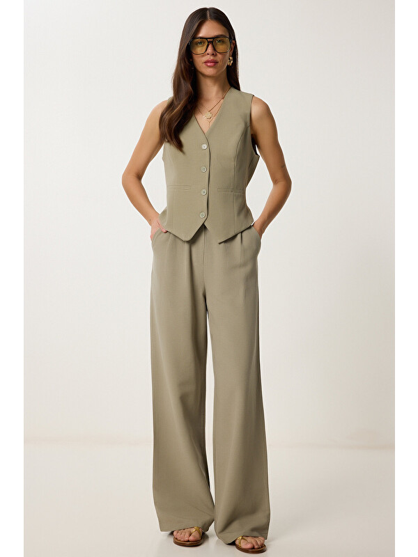 Happiness İstanbul Keten Yelek Pantolon Takım 9257 HAKİ LRV0106