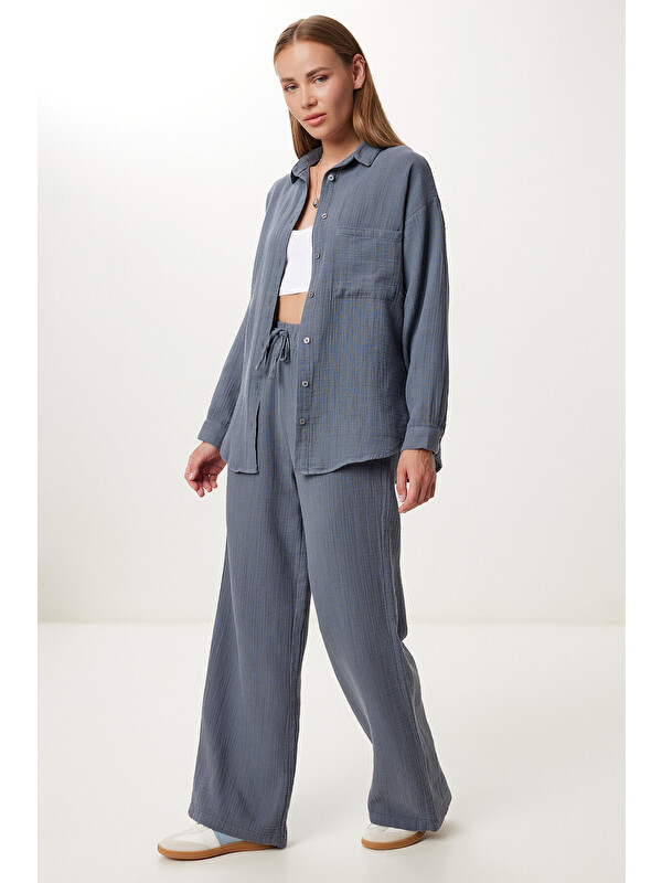 Happiness İstanbul Oversize Müslin Gömlek Pantolon Takım ANTRASİT LSA0014