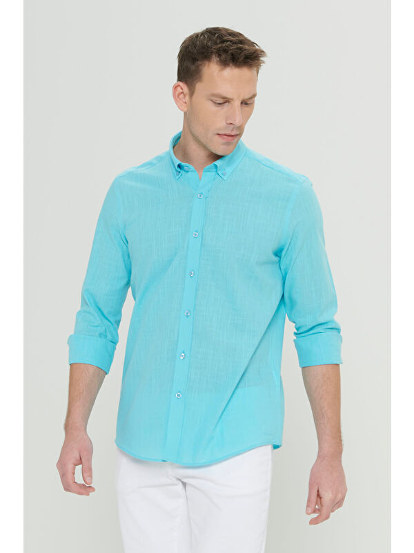 AC&Co / Altınyıldız Classics Erkek Turkuaz %100 Pamuk Oxford Slim Fit Dar Kesim Düğmeli Yaka Flamlı Gömlek
