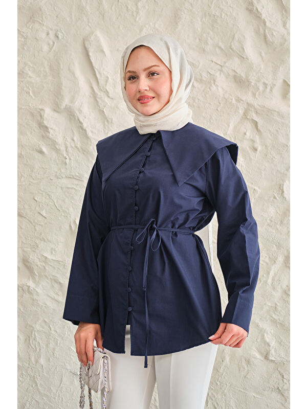 Locco Moda Kadın Gemici Yaka Bel Bağlamalı Gömlek Lacivert