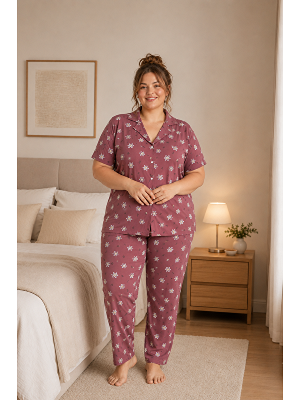 Formo Kadın Yüksek Kaliteli Büyük Beden Gömlek Yaka Düğmeli Battal Pijama Takımı