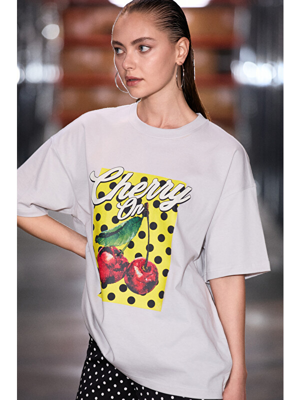GRIMELANGE CASSIANE Kadın Bisiklet Yaka Kısa Kollu Ön Ve Arka Baskılı Regular GRİ T-Shirt