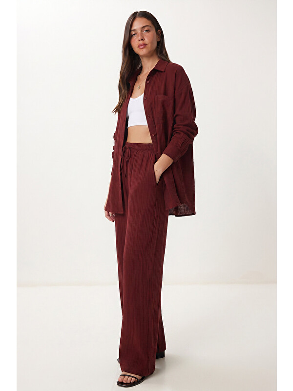 Happiness İstanbul Oversize Müslin Gömlek Pantolon Takım BORDO LSA0014