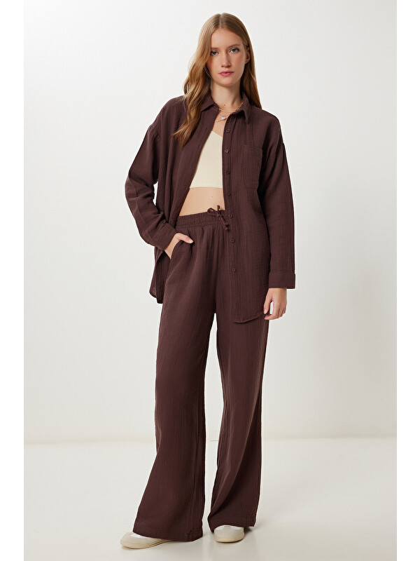 Happiness İstanbul Oversize Müslin Gömlek Pantolon Takım KOYU KAHVERENGİ LSA0014