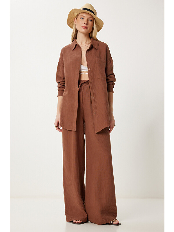 Happiness İstanbul Oversize Müslin Gömlek Pantolon Takım KAHVERENGİ LSA0014