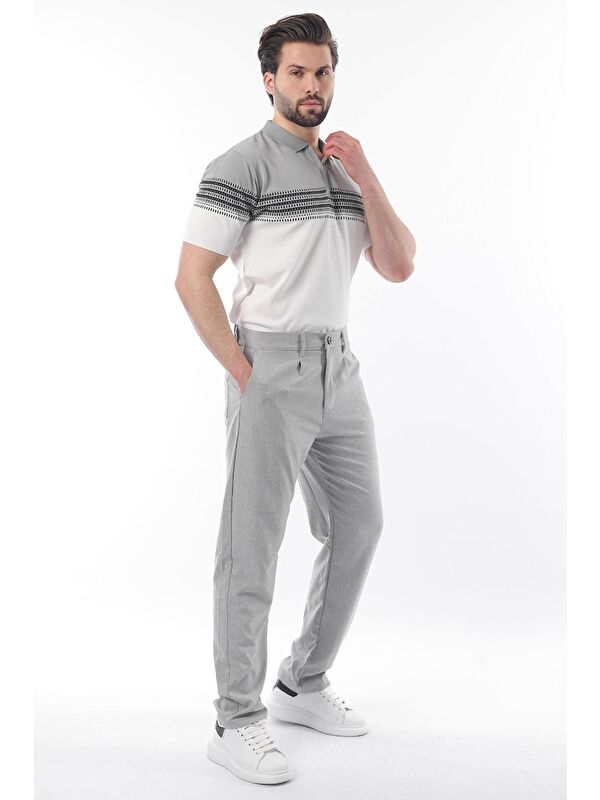 Madmext Gri Fermuarlı Polo Yaka Desenli Erkek Tişört E7296