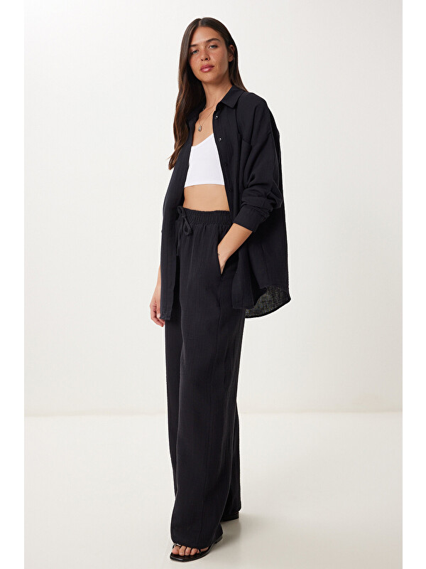 Happiness İstanbul Oversize Müslin Gömlek Pantolon Takım SİYAH LSA0014