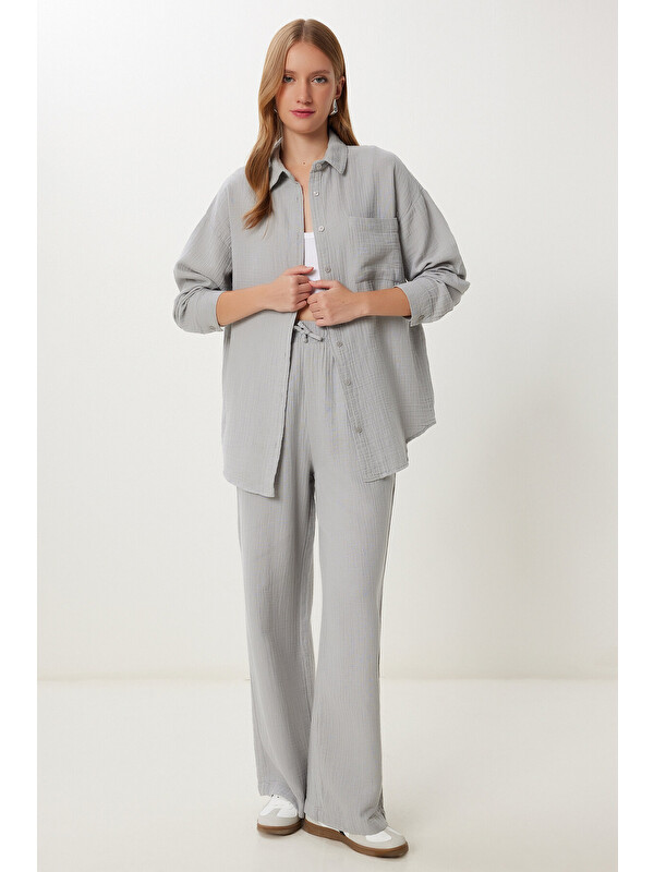 Happiness İstanbul Oversize Müslin Gömlek Pantolon Takım GRİ LSA0014