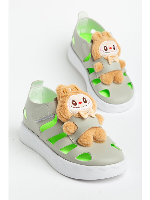 TONNY BLACK Çocuk Unisex Gri Hafif Taban Ayıcık Detaylı Cırtlı Sandalet