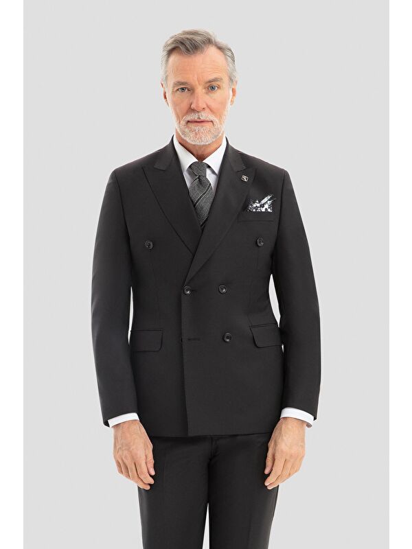 Sabri Özel Erkek Siyah Slim Fit Kruvaze Sivri Yaka 6 Drop Yün Karışımlı Takım Elbise