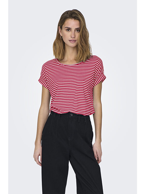 Only Onlmoster Streç Çizgili Regular Fit Bisiklet Yaka Kadın T Shirt 15206243