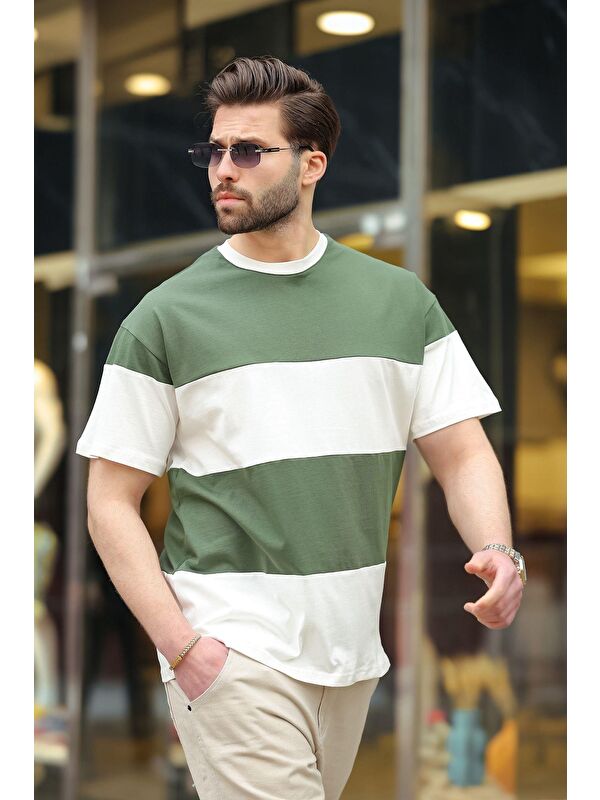 Madmext Haki Oversize Renk Bloklu Bisiklet Yaka %100 Pamuk Tişört