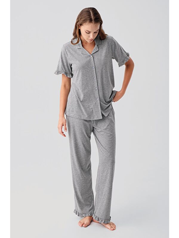 Artış Kısa Kollu Düğmeli Fırfırlı Pamuklu Pijama Takım 19219