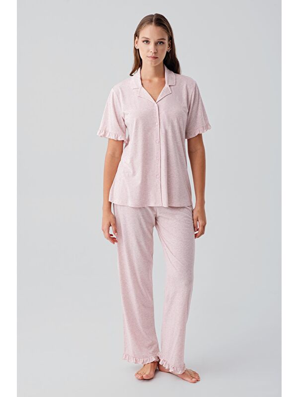 Artış Kısa Kollu Düğmeli Fırfırlı Pamuklu Pijama Takım 19219