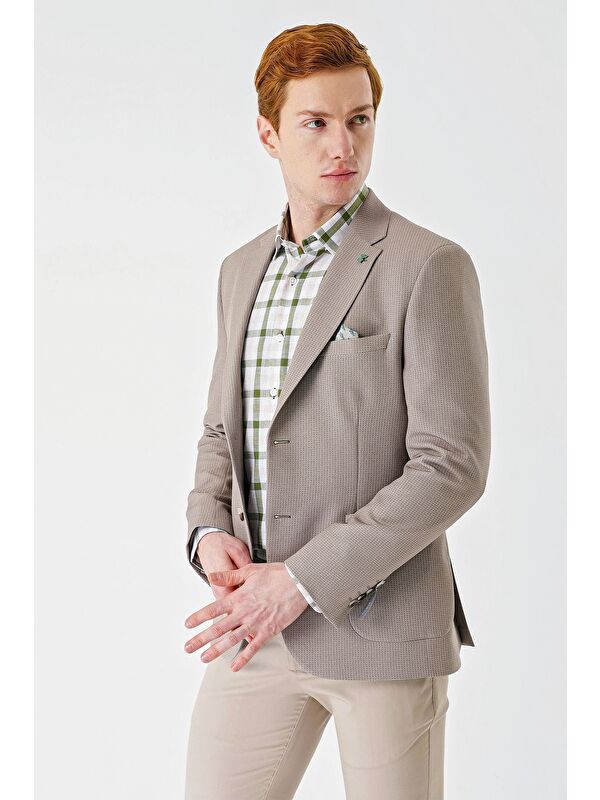 İMZA Bej Örme Mono Yaka Çift Yırtmaç Elastanlı 6 Drop Slim Fit Dar Kesim Klasik Ceket 1002240138