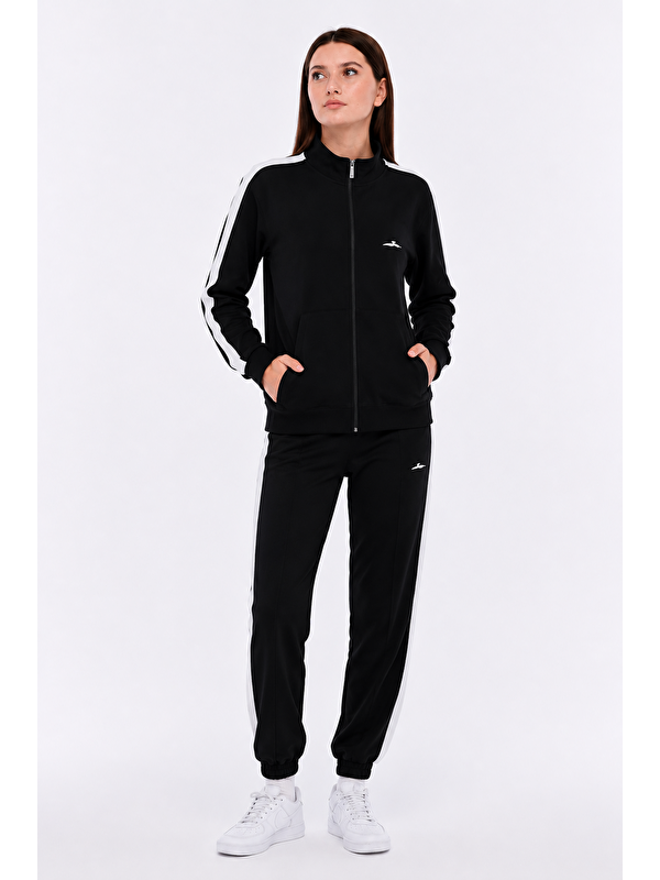 TRENDHILL Kadın Pamuklu Dik Yakalı Fermuarlı Eşofman Takımı Siyah-5508