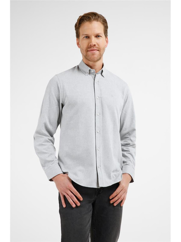İMZA Gri - Beyaz Düğmeli Yaka Uzun Kol Cepsiz Slim Fit Pamuklu Gömlek 1004255233