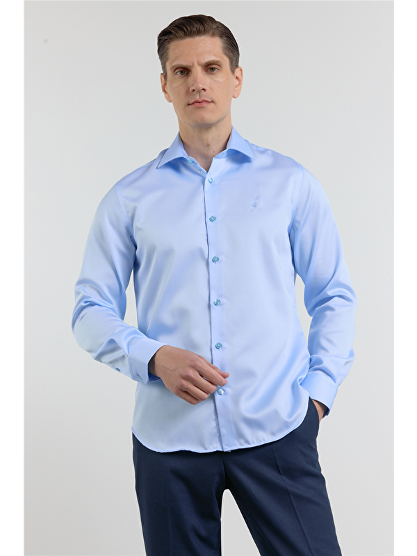 İMZA Mavi Saten İtalyan Yaka Uzun Kol Cepsiz Slim Fit %100 Pamuk Gömlek 1004255231