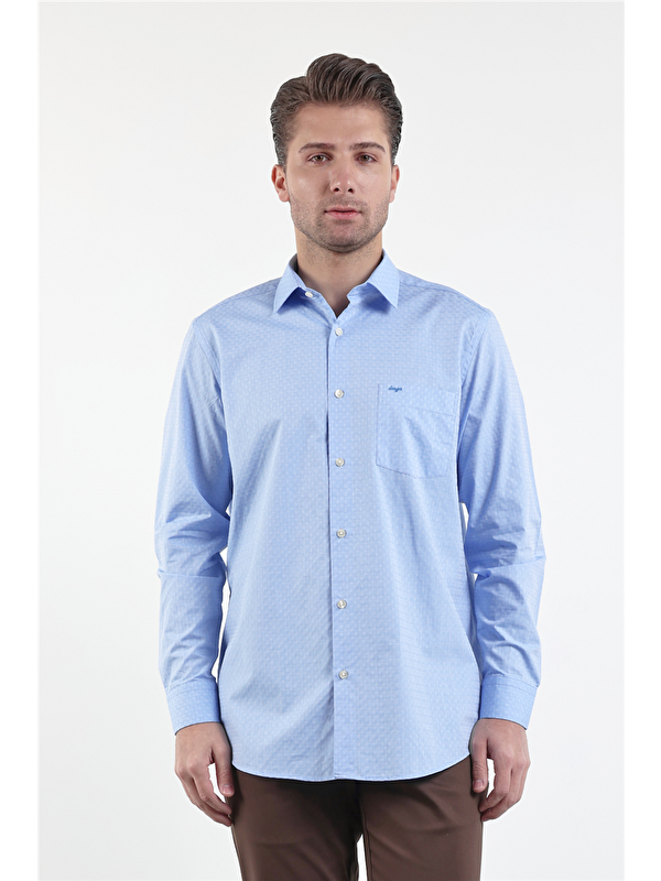 İMZA Mavi Sert Yaka Uzun Kol Cepli Comfort Fit %100 Pamuk Gömlek 1004260174