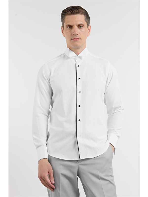 İMZA Beyaz Ata Yaka Uzun Kol Cepsiz Slim Fit Pamuklu Gömlek 1004260415