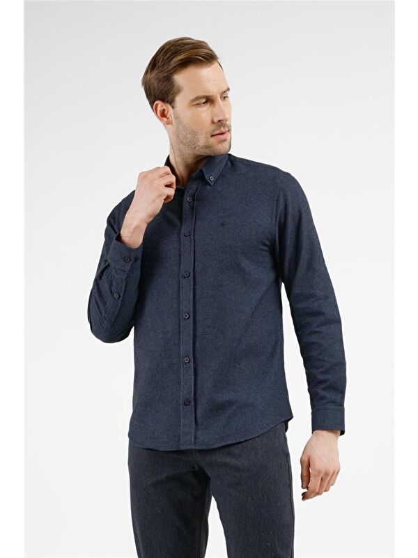 İMZA Lacivert - Mavi Düğmeli Yaka Uzun Kol Cepsiz Slim Fit Pamuklu Gömlek 1004255233