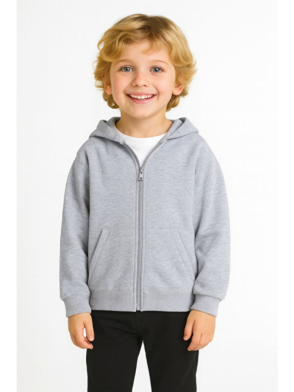 Ahengim Kız - Erkek Çocuk Basic Fermuarlı Kalın 3 İplik Kışlık Okul Sweat Ak1815