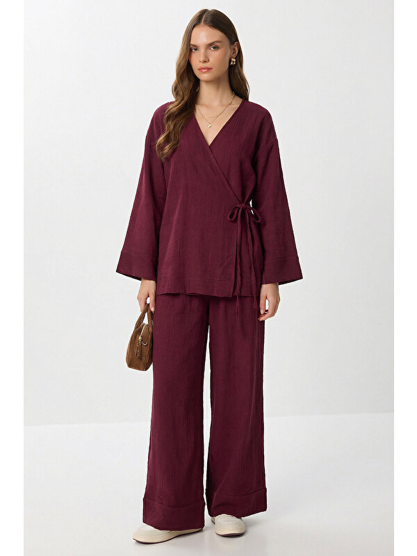 Happiness İstanbul Bağlama Detaylı Müslin Kimono Takım BORDO LZH0020