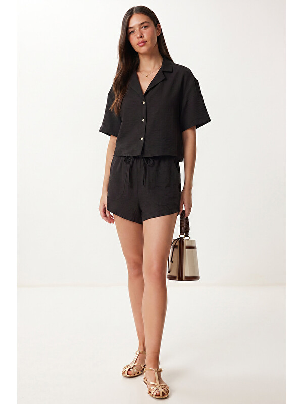 Happiness İstanbul Keten Gömlek Şort Takım SİYAH LUB0342
