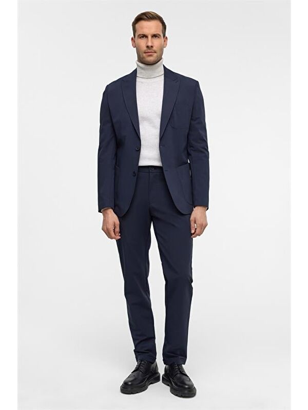 Süvari Lacivert Slim Desenli Sivri Yaka 6 Drop Yelekli Takım Elbise