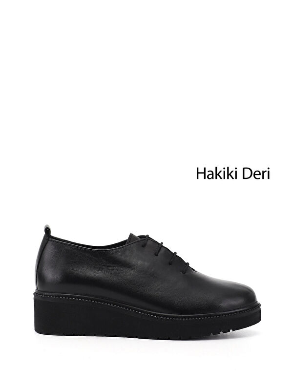 GÖNDERİ(R) Kadın SİYAH Bağcıklı Dolgu Taban Hakiki Deri Ayakkabı