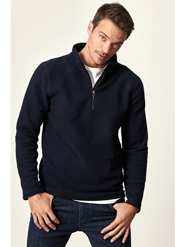 AC&Co / Altınyıldız Classics Erkek Lacivert Anti-Pilling Tüylenme Yapmayan Standart Fit Dik Yaka Polar Sweatshirt