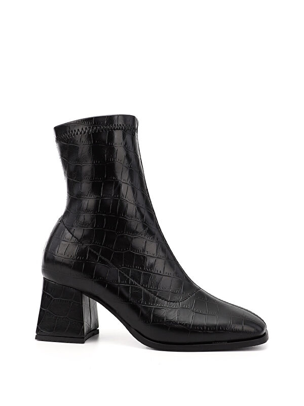 Kadın AÇIK SİYAH Deri Görünümlü Kalın Topuklu Streç Bot - Görsel 3