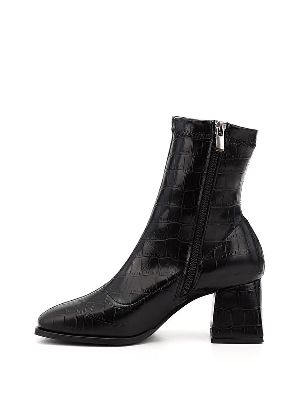 Kadın AÇIK SİYAH Deri Görünümlü Kalın Topuklu Streç Bot - Görsel 4