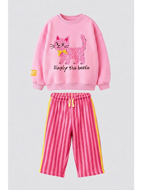 Monila Kız Çocuk Pembe Kedi Baskılı Sweatshirt Ve Pembe Çizgili Eşofman Alt Üst Takım