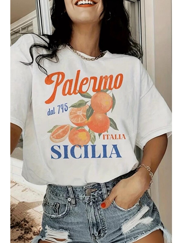 Oksit Palermo Sicilya Portakal Temalı Bisiklet Yaka Pamuklu Oversize T-Shirt
