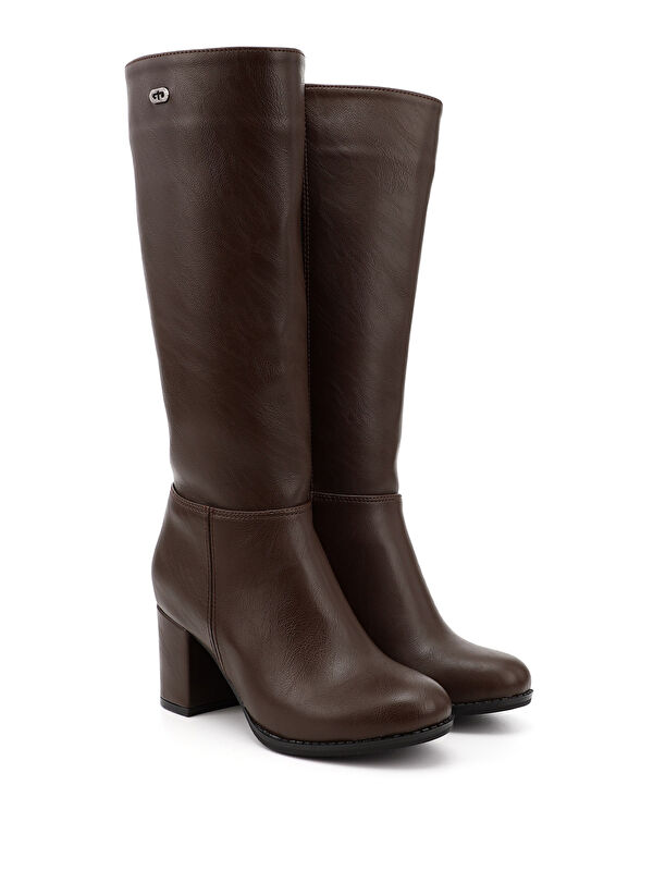 Kadın ÇİKOLATA KAHVE Yuvarlak Burun Fermuarlı Kalın Topuklu Çizme - Görsel 3