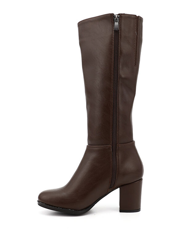 Kadın ÇİKOLATA KAHVE Yuvarlak Burun Fermuarlı Kalın Topuklu Çizme - Görsel 4